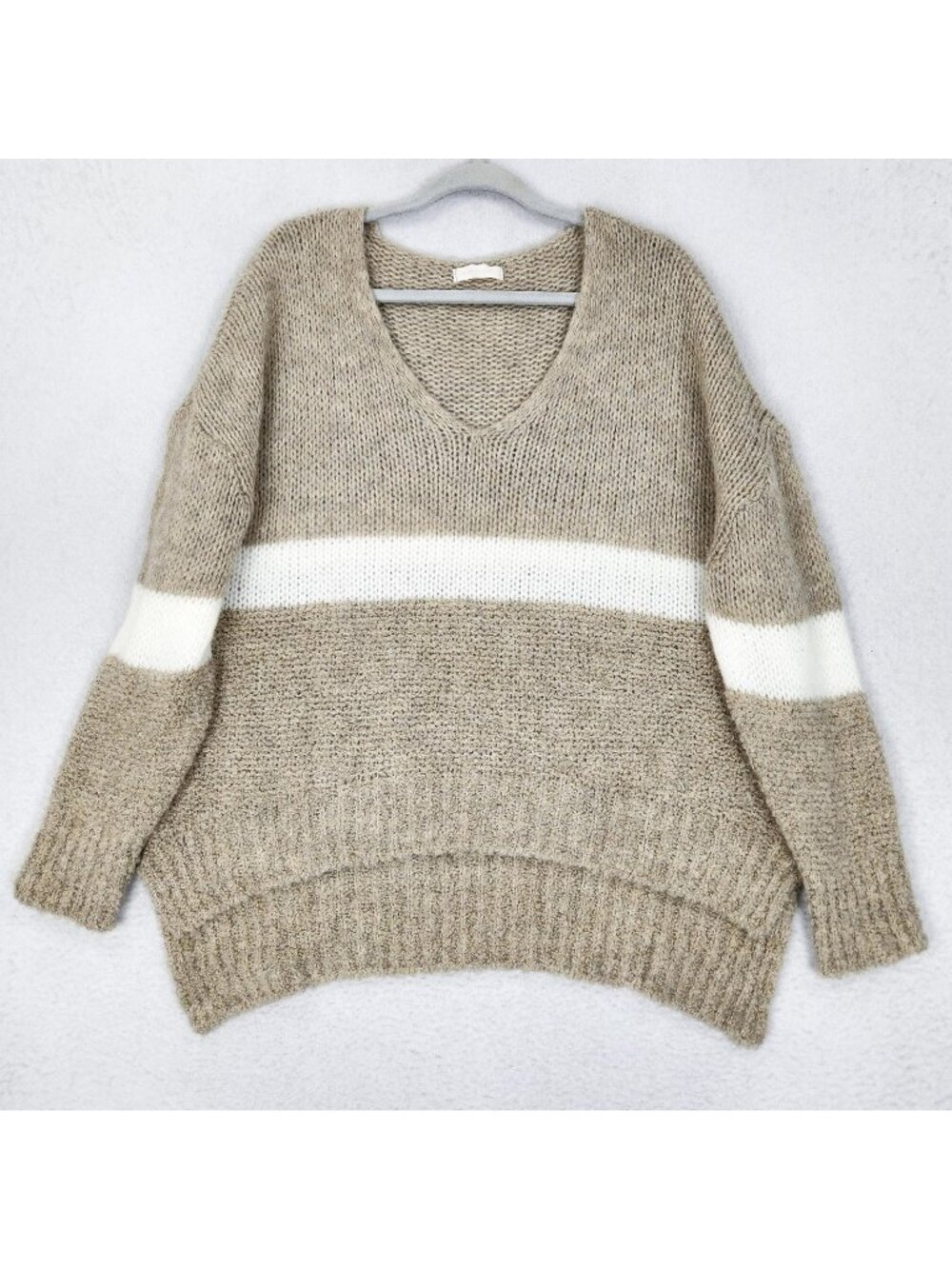 Milio Milano Sweater Womens XS Beige White Stripe V Neck Oversized Made in Italy